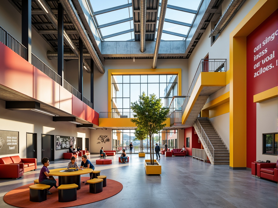 Prompt: Vibrant middle school building, bold color palette, modernist architecture, geometric shapes, clean lines, minimal ornamentation, functional design, open floor plans, natural light, clerestory windows, exposed ductwork, industrial materials, polished concrete floors, bright accent walls, dynamic staircases, collaborative learning spaces, flexible seating arrangements, technology-integrated classrooms, inspirational quotes, motivational murals, urban cityscape views, sunny afternoon, soft warm lighting, shallow depth of field, 3/4 composition, realistic textures, ambient occlusion.