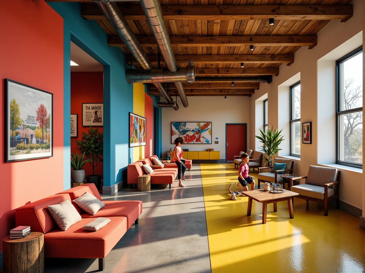 Prompt: Vibrant student hall, bold color blocking, expressive brushstrokes, abstract shapes, dynamic patterns, eclectic furniture, rich textures, warm golden lighting, cozy atmosphere, modern art pieces, inspirational quotes, youthful energy, playful accents, bright coral walls, deep blue ceilings, sunny yellow floors, bold red doors, natural wood tones, industrial metal beams, creative freedom, artistic expression.