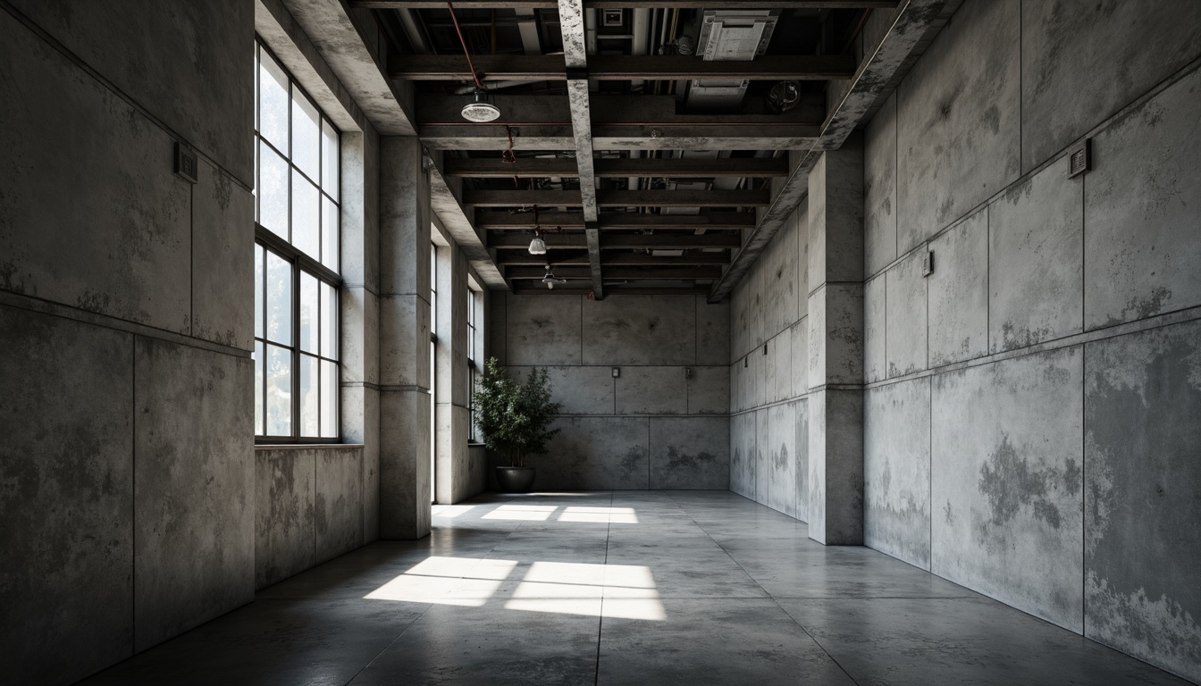 Prompt: Industrial concrete walls, exposed ductwork, metallic beams, urban cityscape, modern brutalist architecture, raw unfinished surfaces, monochromatic color palette, dramatic shadows, high-contrast lighting, abstract geometric patterns, rough tactile textures, poured concrete floors, minimalist decor, functional simplicity, utilitarian aesthetic, cold atmospheric ambiance, cinematic composition, low-angle shot, gritty realistic rendering.