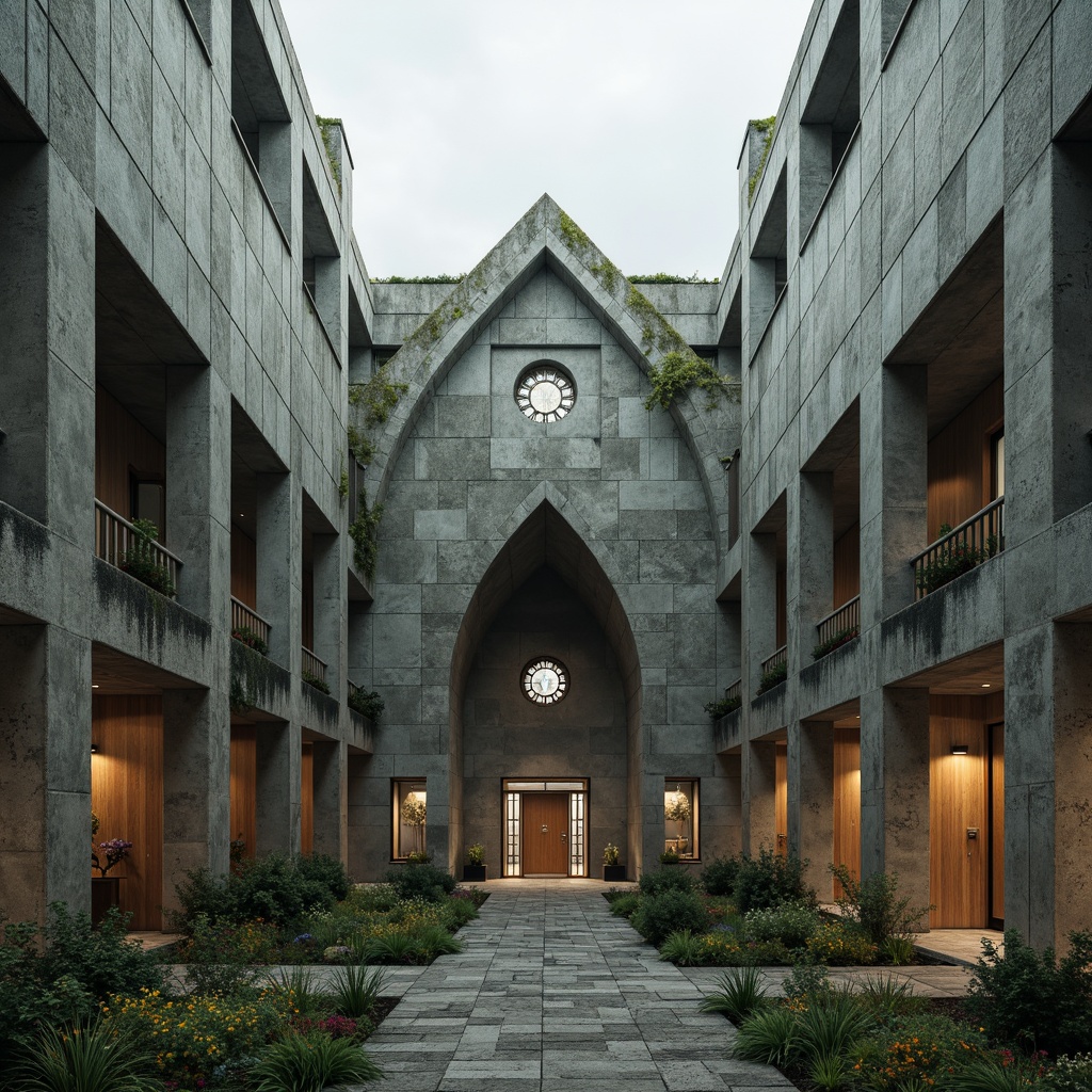 Prompt: Rugged brutalist church, raw concrete walls, angular lines, fortress-like structure, natural stone fa\u00e7ade, overgrown vegetation, wildflowers, moss-covered roofs, weathered wooden doors, stained glass windows, dramatic lighting, high ceilings, minimalist interior, sacred atmosphere, serene ambiance, misty morning, soft diffused light, 1/1 composition, symmetrical framing, realistic textures, ambient occlusion.