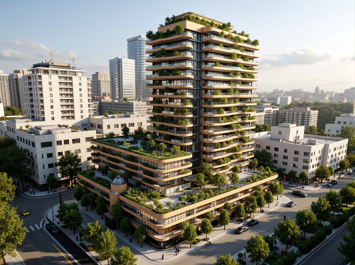 Prompt: Eco-friendly skyscraper, lush green roofs, solar panels, wind turbines, rainwater harvesting systems, recycled materials, minimalist design, natural ventilation, large windows, maximized daylight, energy-efficient systems, sustainable urban planning, vibrant cityscape, bustling streets, modern transportation hubs, electric vehicle charging stations, pedestrian-friendly sidewalks, cycling infrastructure, public art installations, green urban oasis, warm sunny day, soft natural lighting, shallow depth of field, 3/4 composition, panoramic view, realistic textures, ambient occlusion.