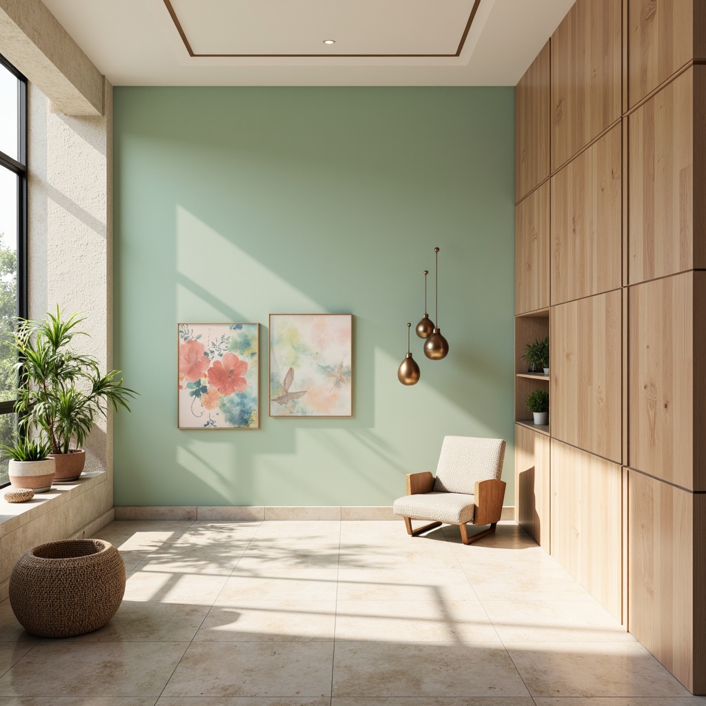 Prompt: Vibrant pastel hues, soft peach tones, calming mint greens, creamy whites, warm beige accents, rich wood textures, natural stone patterns, elegant metallic finishes, subtle gradient effects, atmospheric lighting, shallow depth of field, 2/3 composition, realistic renderings, ambient occlusion.