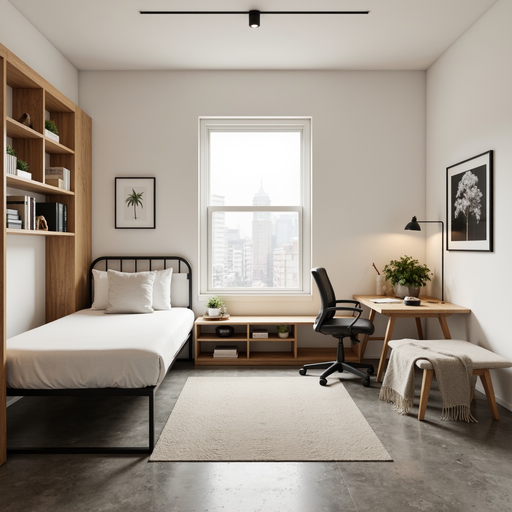 Prompt: Simple dorm room, minimal decor, monochromatic color scheme, sleek metal frame bed, compact desk, ergonomic chair, built-in shelving, soft warm lighting, natural wood accents, plain white walls, polished concrete floor, modern minimalist furniture, clutter-free space, functional layout, cozy reading nook, comfortable bedding, subtle textures, shallow depth of field, 1/1 composition, realistic rendering.