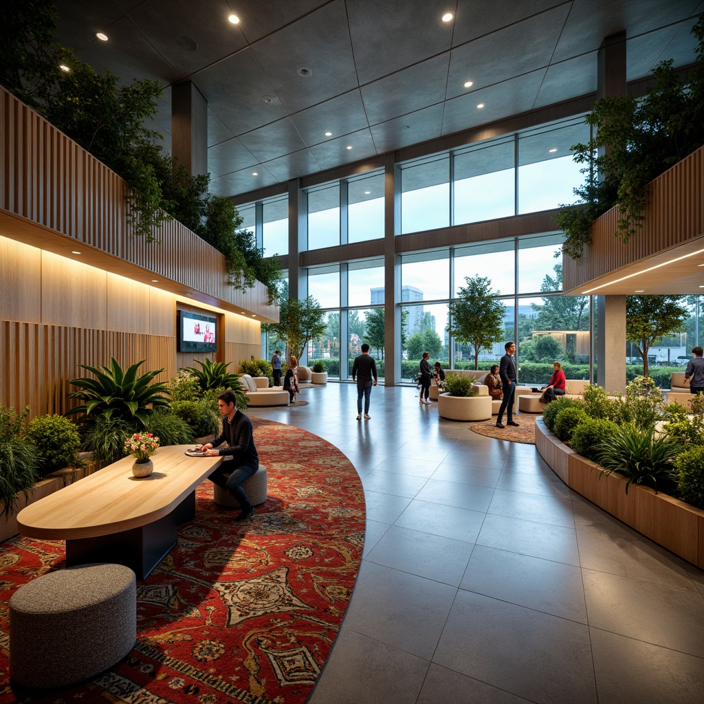 Prompt: Modern visitor center interior, sleek glass walls, polished concrete floors, minimalist decor, interactive exhibits, digital displays, comfortable seating areas, natural wood accents, abundant greenery, floor-to-ceiling windows, panoramic views, soft warm lighting, shallow depth of field, 3/4 composition, realistic textures, ambient occlusion, futuristic architecture design, innovative materials, sustainable energy solutions, eco-friendly furniture, vibrant colorful textiles, intricate geometric motifs.