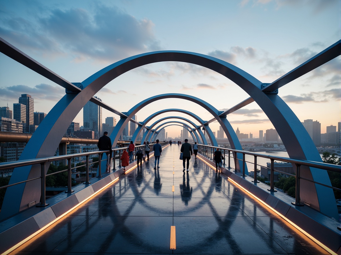 Prompt: Futuristic pedestrian bridge, sleek metal arches, LED lighting strips, glass floors, stainless steel railings, minimalist design, modern urban landscape, city skyline views, misty morning atmosphere, soft warm lighting, shallow depth of field, 3/4 composition, panoramic view, realistic reflections, ambient occlusion, dynamic motion blur, vibrant neon colors, geometric patterns, high-tech materials, innovative engineering solutions.