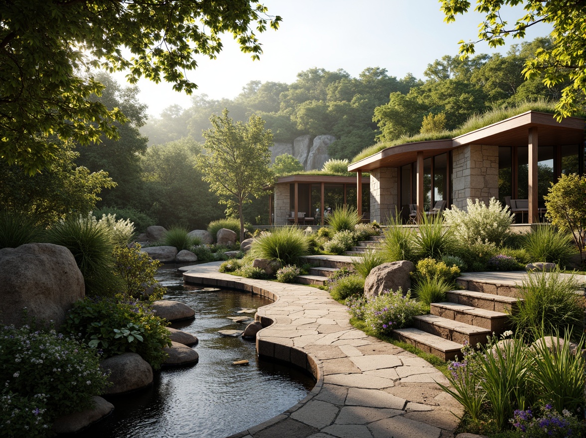 Prompt: Seamless landscape integration, organic curves, natural stone walls, lush green roofs, native plant species, meandering pathways, serene water features, wooden bridges, rustic benches, earthy color palette, warm sunlight, soft shadows, 1/1 composition, atmospheric perspective, realistic foliage, ambient occlusion.