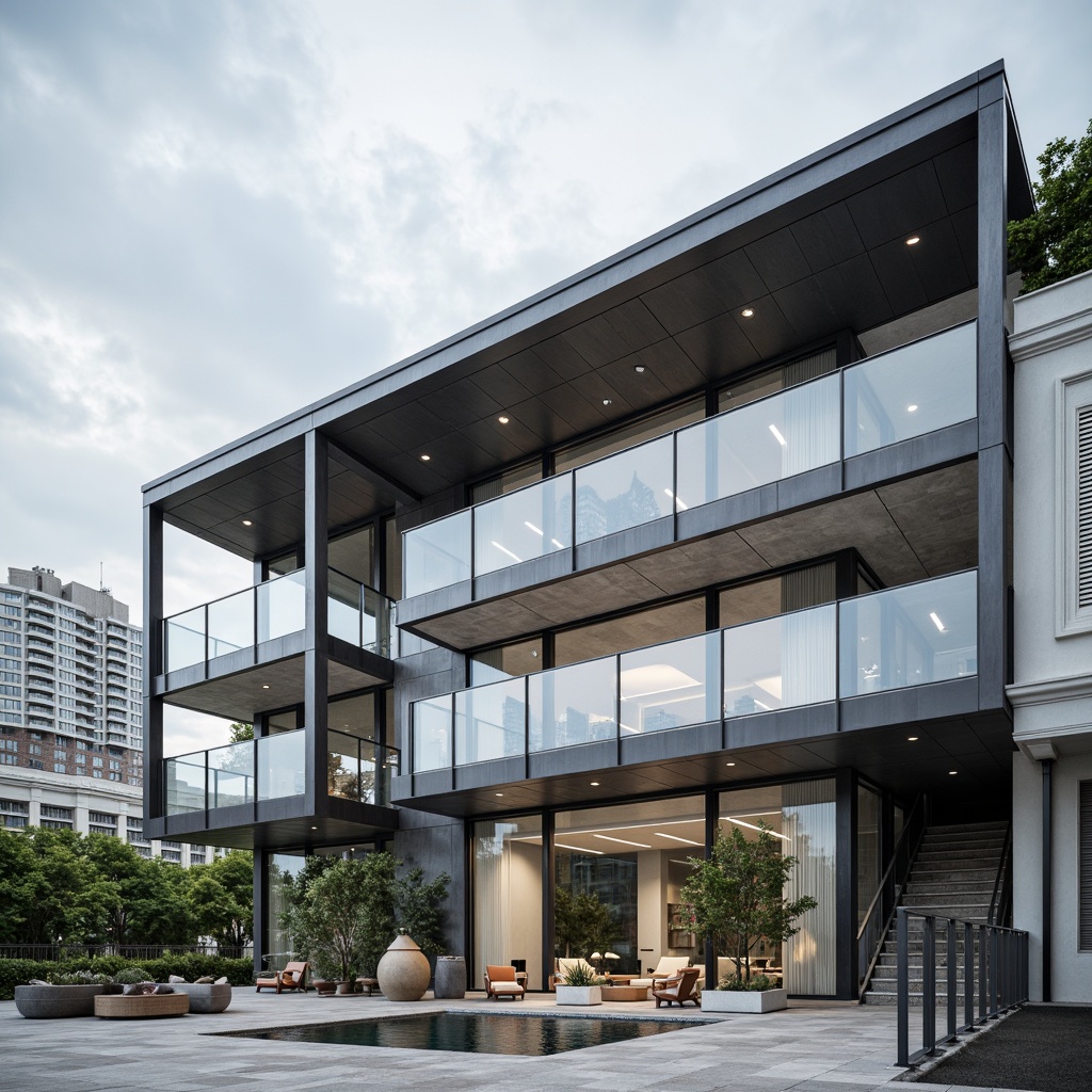 Prompt: Modern building facade, clean lines, minimalist aesthetic, large glass windows, steel frames, cantilevered roofs, open floor plans, industrial materials, exposed ductwork, polished concrete floors, sleek metal railings, geometric shapes, urban cityscape, cloudy sky, soft natural lighting, shallow depth of field, 3/4 composition, realistic textures, ambient occlusion.