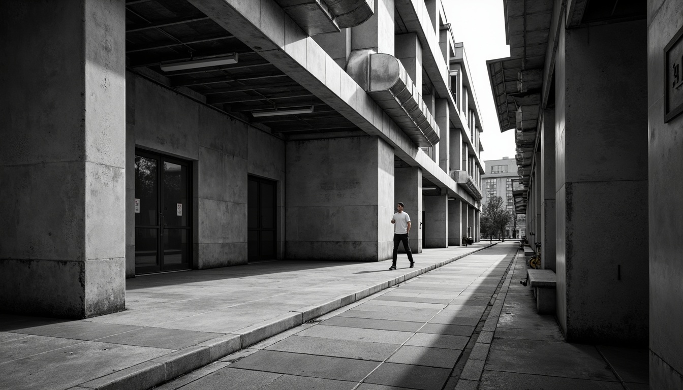 Prompt: Industrial concrete walls, exposed ductwork, metallic beams, urban cityscape, modern brutalist architecture, rough unfinished surfaces, monochromatic color palette, dramatic shadows, high contrast lighting, 1/2 composition, close-up shot, realistic textures, ambient occlusion.