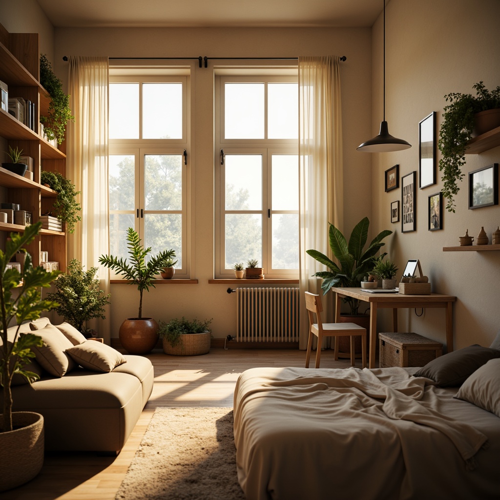 Prompt: Cozy dorm room, large windows, soft natural light, warm beige walls, comfortable bedding, wooden furniture, plants on shelves, gentle morning sunbeams, calming atmosphere, relaxing ambiance, soft shadows, 1/1 composition, shallow depth of field, realistic textures, ambient occlusion.