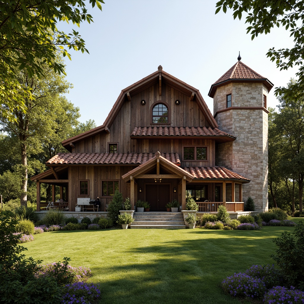 Prompt: Rustic barn, renaissance revival style, curved rooflines, terra cotta tiles, weathered wooden beams, ornate metal decorations, vintage farm tools, lush greenery, blooming wildflowers, sunny afternoon, soft warm lighting, shallow depth of field, 3/4 composition, panoramic view, realistic textures, ambient occlusion, distressed wood accents, earthy color palette, natural stone foundations, asymmetrical facade, decorative trusses, ornate roof finials.