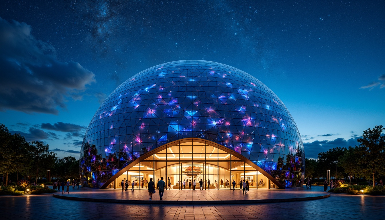 Prompt: Geodesic dome, futuristic planetarium, sleek metallic facade, iridescent glass panels, neon-lit celestial patterns, starry night sky, ambient LED lighting, minimalist entrance, circular architecture, cantilevered structures, space-age aesthetics, retro-futuristic vibes, 3D projection mapping, immersive experiences, surround sound systems, interactive exhibits, astronomical instruments, telescopes, observatory decks, panoramic views, shallow depth of field, 1/1 composition, realistic reflections, ambient occlusion.