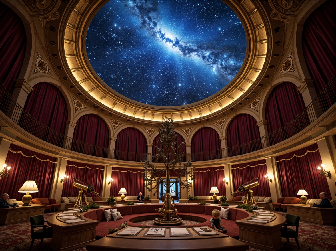 Prompt: Celestial dome structure, starry night sky, twinkling lights, romantic ambiance, soft warm glow, grandiose architecture, ornate details, Baroque-inspired design, sweeping curves, majestic proportions, luxurious materials, velvet drapes, golden accents, intricate frescoes, astronomical instruments, antique telescopes, mysterious shadows, dramatic lighting, 1/1 composition, shallow depth of field, cinematic atmosphere.