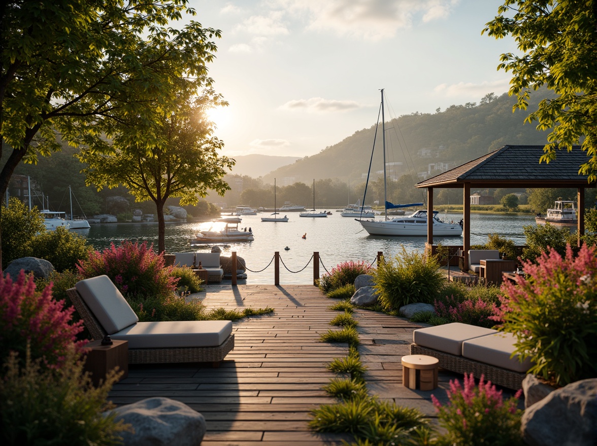 Prompt: Serene waterfront, rustic wooden dock, lush greenery, vibrant flowers, tranquil lake views, sailboats, kayaks, paddleboards, nautical ropes, weathered wood accents, natural stone pathways, lantern-style lighting, warm sunset glow, shallow depth of field, 3/4 composition, panoramic view, realistic textures, ambient occlusion, cozy outdoor seating areas, woven wicker furniture, plush cushions, soft warm lighting, misty morning atmosphere.