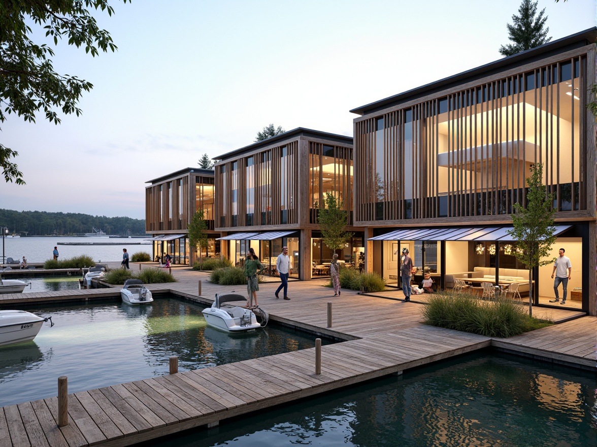 Prompt: Waterfront boathouse, rustic wooden docks, serene lake views, modern glazing systems, floor-to-ceiling windows, sliding glass doors, reflective water-inspired fa\u00e7ades, angular metal frames, minimalist design, sustainable energy solutions, solar panels, green roofs, eco-friendly materials, innovative cooling technologies, shaded outdoor spaces, misting systems, nautical-themed decorations, vibrant colorful textiles, intricate geometric motifs, warm soft lighting, shallow depth of field, 3/4 composition, panoramic view, realistic textures, ambient occlusion.