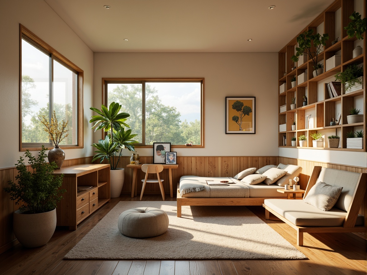 Prompt: Cozy dorm room, large windows, soft natural light, warm beige walls, comfortable bedding, wooden furniture, plants on shelves, calm atmosphere, morning sunlight, gentle shadows, 1/1 composition, shallow depth of field, realistic textures, ambient occlusion.