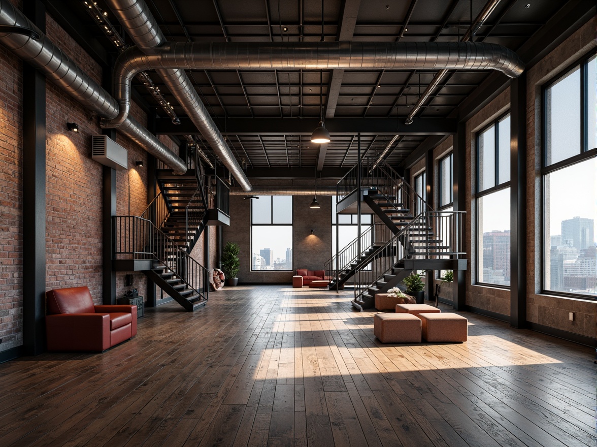 Prompt: Exposed brick walls, metal beams, industrial pipes, reclaimed wood floors, high ceilings, minimalist decor, modern LED lighting, sleek steel furniture, urban cityscape views, concrete columns, functional catwalks, metallic staircases, distressed finishes, edgy textures, moody color palette, dramatic shadows, cinematic lighting, 3/4 composition, low-angle shot, gritty realistic render.