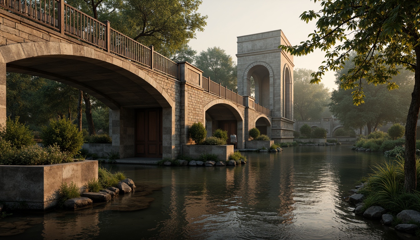 Prompt: Timeless bridge architecture, rustic stone walls, ornate metal railings, weathered wooden accents, earthy brown tones, muted greenery, soft misty atmosphere, warm golden lighting, subtle gradient effects, realistic textures, ambient occlusion, 1/1 composition, symmetrical framing, serene water reflections, gentle river flow, lush vegetation, natural stone piers, classic ornamental details, elegant arches, refined lines, sophisticated simplicity.