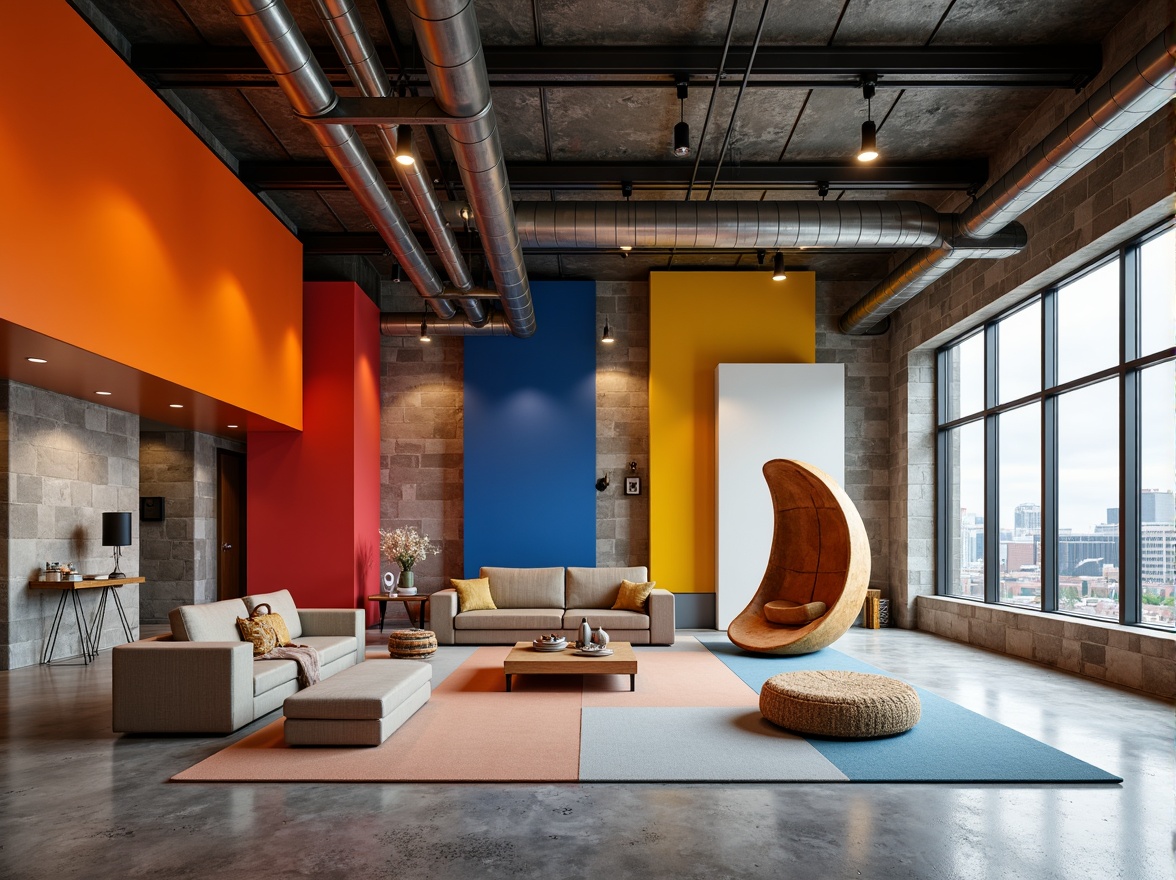 Prompt: Vibrant primary colors, bold geometric shapes, industrial materials, exposed brick walls, steel beams, minimalist decor, functional simplicity, rectangular forms, clean lines, monochromatic color schemes, abstract art pieces, avant-garde sculptures, natural light pouring in, large windows, open floor plans, urban cityscape views, cloudy skies, soft diffused lighting, shallow depth of field, 2/3 composition, realistic textures, ambient occlusion.