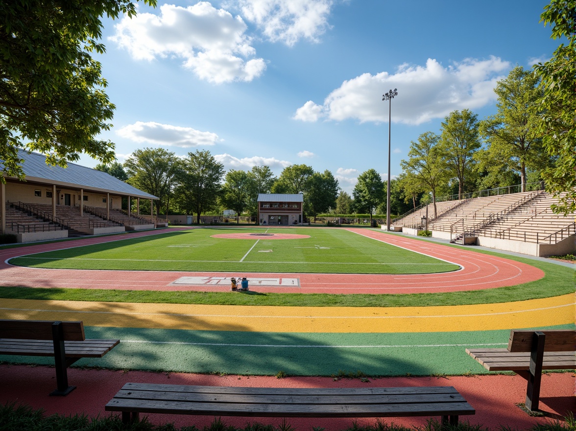 Prompt: Vibrant sports fields, eclectic mix of materials, contrasting textures, artificial turf, natural grass, weathered wood benches, metallic goalposts, colorful rubber tracks, bold graphic patterns, dynamic lighting, dramatic shadows, 1/1 composition, low-angle shot, realistic reflections, ambient occlusion, sunny day, soft warm atmosphere.