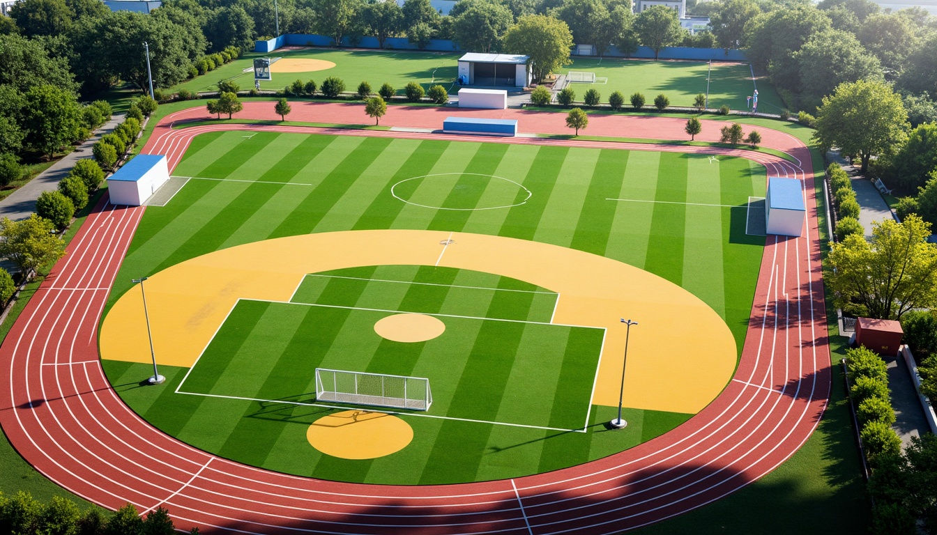 Prompt: Vibrant sports fields, eclectic color palette, bold stripes, bright yellows, deep blues, energetic oranges, lime greens, dynamic patterns, abstract shapes, modern athletic facilities, sleek track lanes, professional soccer goals, basketball courts, tennis nets, baseball diamonds, lush green grass, natural earthy tones, sunny day, soft warm lighting, shallow depth of field, 3/4 composition, panoramic view, realistic textures, ambient occlusion.