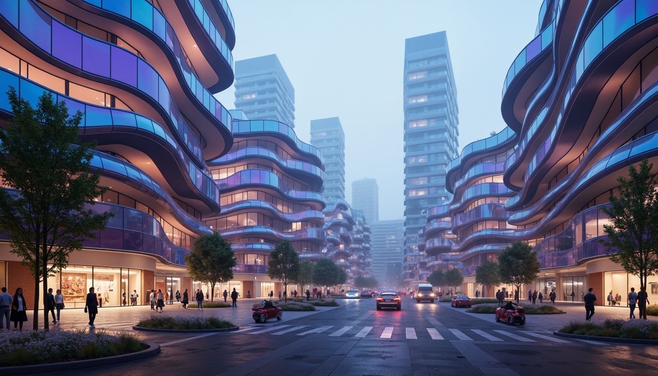 Prompt: Organic blob-shaped buildings, futuristic facade design, iridescent colors, glossy finishes, undulating curves, parametric architecture, algorithmic patterns, LED lighting installations, neon accents, translucent materials, 3D-printed components, cantilevered structures, asymmetrical compositions, abstract shapes, sci-fi ambiance, misty atmosphere, soft focus, shallow depth of field, 1/1 composition, cinematic view.