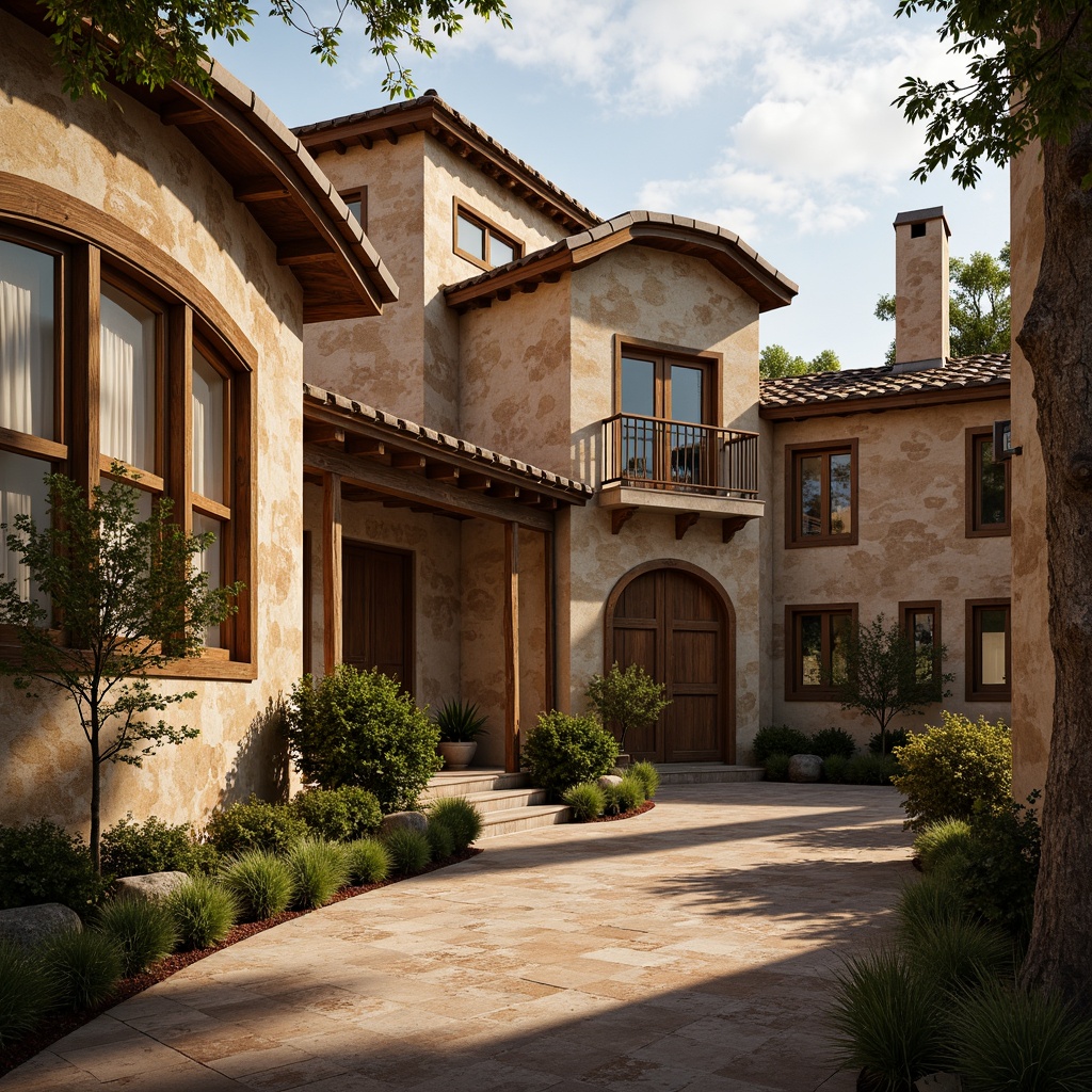 Prompt: Rustic earthy tones, natural stone walls, wooden accents, traditional ornate carvings, clay tile roofs, curved archways, intricate stucco patterns, warm golden lighting, soft shadows, shallow depth of field, 1/1 composition, symmetrical facade, regional cultural influences, handcrafted details, earthy color palette, organic textures, ambient occlusion.