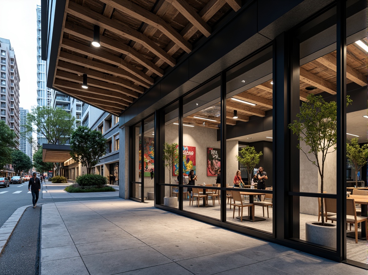 Prompt: Modern building facade, exposed steel beams, industrial chic aesthetic, polished concrete floors, minimalist decor, urban cityscape, bustling streets, vibrant street art, eclectic mix of old and new architecture, cantilevered roofs, asymmetrical compositions, dramatic lighting effects, high-contrast shadows, 1/2 composition, wide-angle lens, cinematic atmosphere, realistic textures, ambient occlusion.