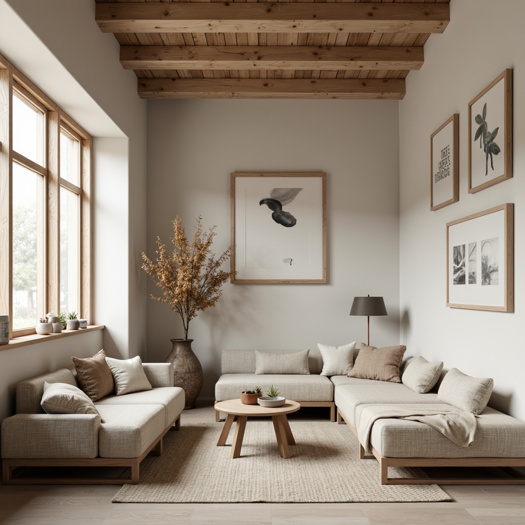 Prompt: Minimalist interior, monochromatic color scheme, clean lines, simple shapes, natural materials, wooden accents, subtle textures, soft warm lighting, shallow depth of field, 1/1 composition, realistic render, ambient occlusion, cozy atmosphere, intimate scale, functional simplicity, Scandinavian-inspired furniture, neutral tone palette, elegant typography, subtle branding elements.