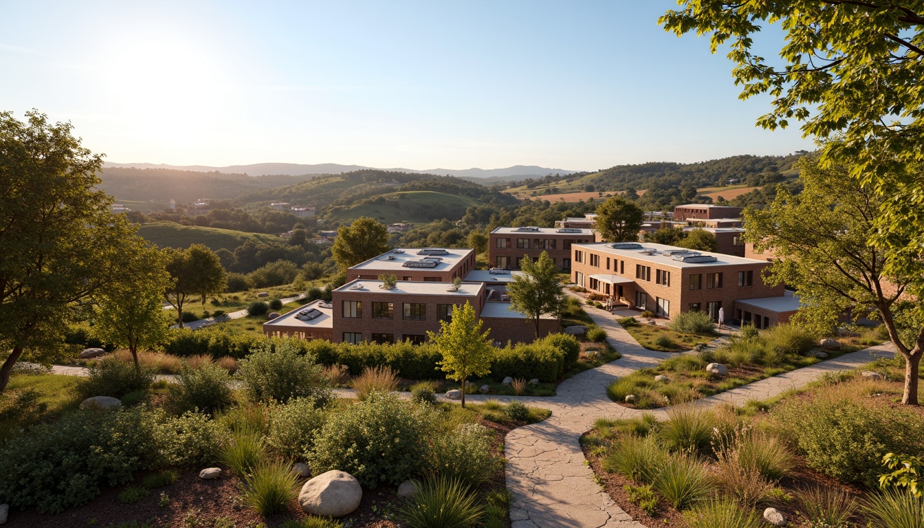 Prompt: Rustic winery village, earthy tones, reclaimed wood accents, solar panels, green roofs, rainwater harvesting systems, eco-friendly building materials, natural ventilation, passive design strategies, community gardens, vineyard views, rolling hills, Mediterranean climate, warm sunny days, soft golden lighting, shallow depth of field, 1/1 composition, realistic textures, ambient occlusion.