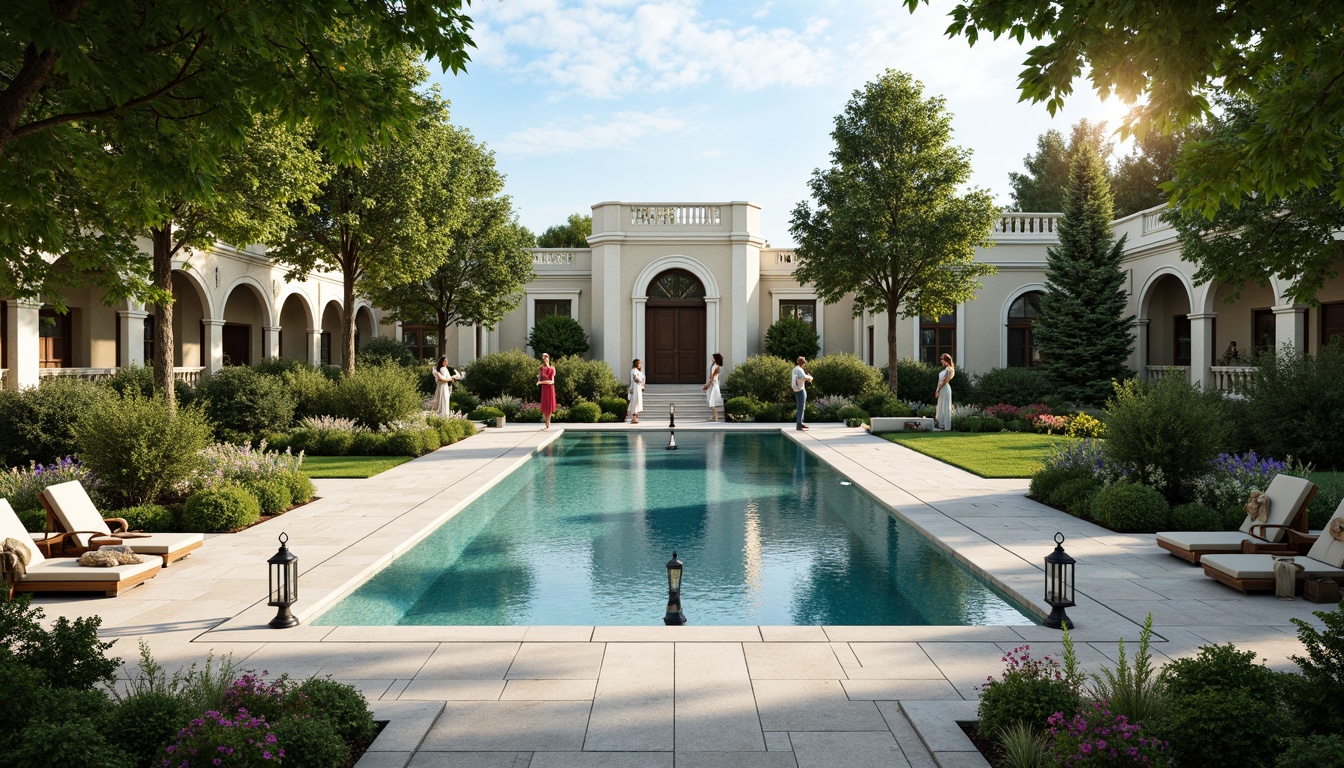 Prompt: Grand neoclassical pool, ornate stone carvings, symmetrical fountain features, lush greenery, vibrant flowers, manicured lawns, decorative statues, elegant lanterns, natural stone pathways, serene water reflections, warm sunny day, soft diffused lighting, shallow depth of field, 3/4 composition, panoramic view, realistic textures, ambient occlusion.