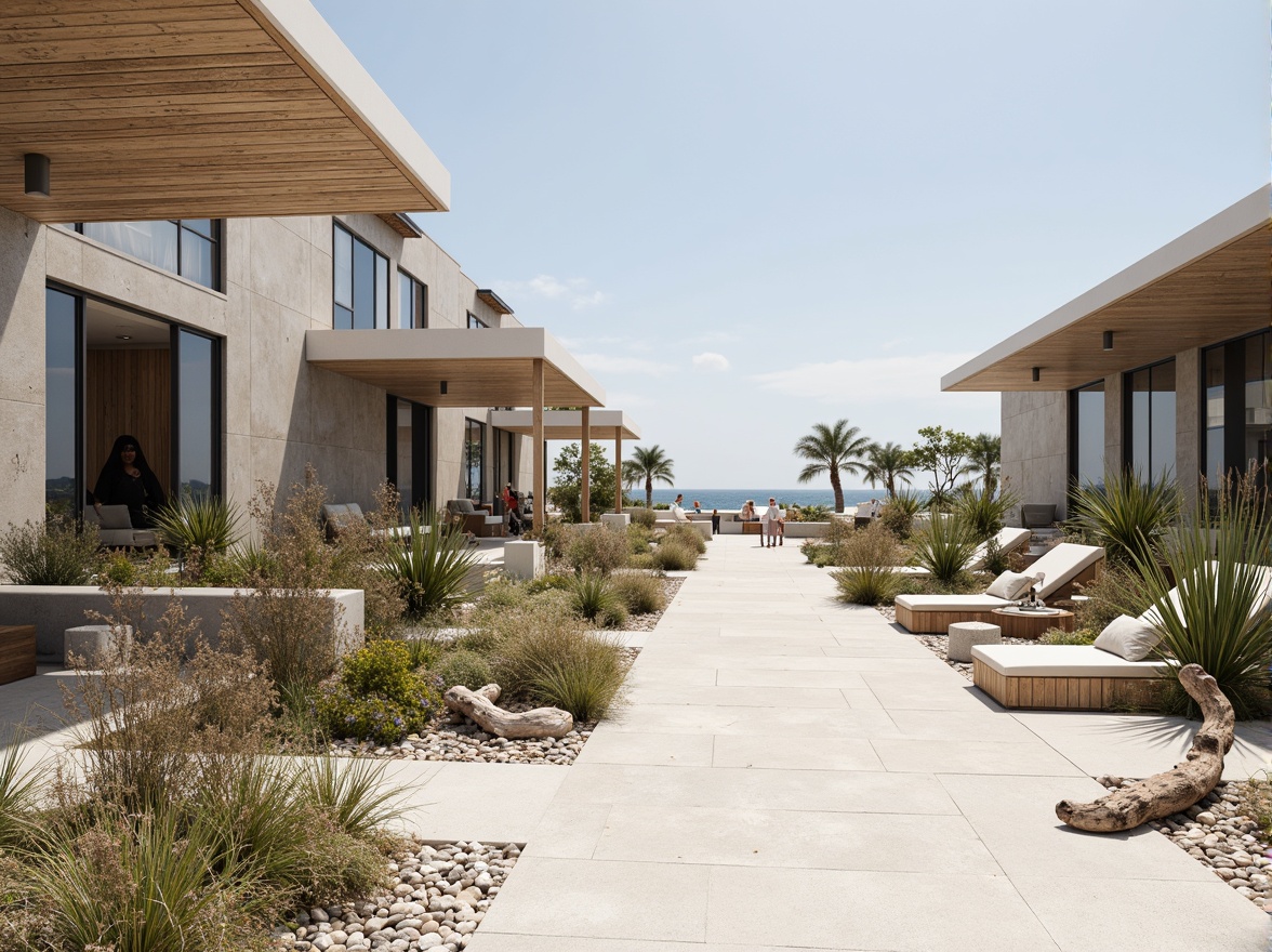 Prompt: Sleek coastal shopping center, minimalist architecture, clean lines, neutral tones, weathered wood accents, driftwood decorations, sea salt air, ocean views, sandy dunes, beachy plants, succulents, pebbles, shells, nautical ropes, wooden benches, modern outdoor furniture, cantilevered roofs, clerestory windows, natural ventilation, soft diffused lighting, shallow depth of field, 1/1 composition, panoramic view, realistic textures, ambient occlusion.