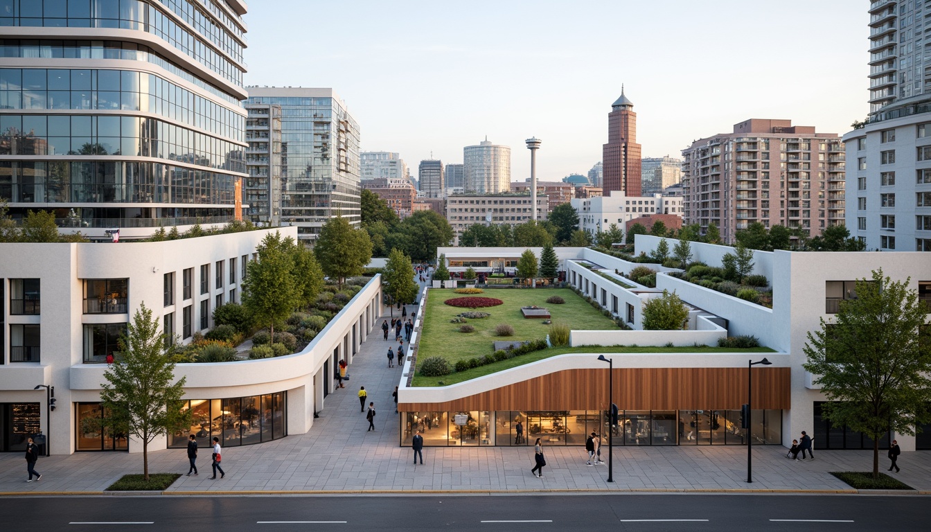 Prompt: Curved rooflines, green roofs, solar panels, modern administrative buildings, sleek glass facades, minimalist design, cantilevered structures, open-air atriums, natural ventilation systems, energy-efficient solutions, urban cityscape, bustling streets, vibrant street art, pedestrian-friendly walkways, accessible ramps, wheelchair-accessible entrances, transparent glass doors, warm wooden accents, soft diffused lighting, shallow depth of field, 1/1 composition, realistic textures, ambient occlusion.