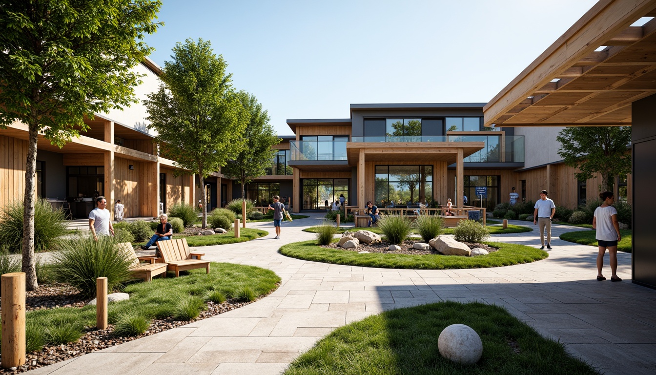 Prompt: \Visitor center courtyard, natural stone paving, lush greenery, native plant species, meandering walkways, educational signage, interactive exhibits, outdoor seating areas, wooden benches, rustic metal railings, modern architecture, large windows, glass doors, cantilevered roofs, sunny day, soft warm lighting, shallow depth of field, 3/4 composition, panoramic view, realistic textures, ambient occlusion.\