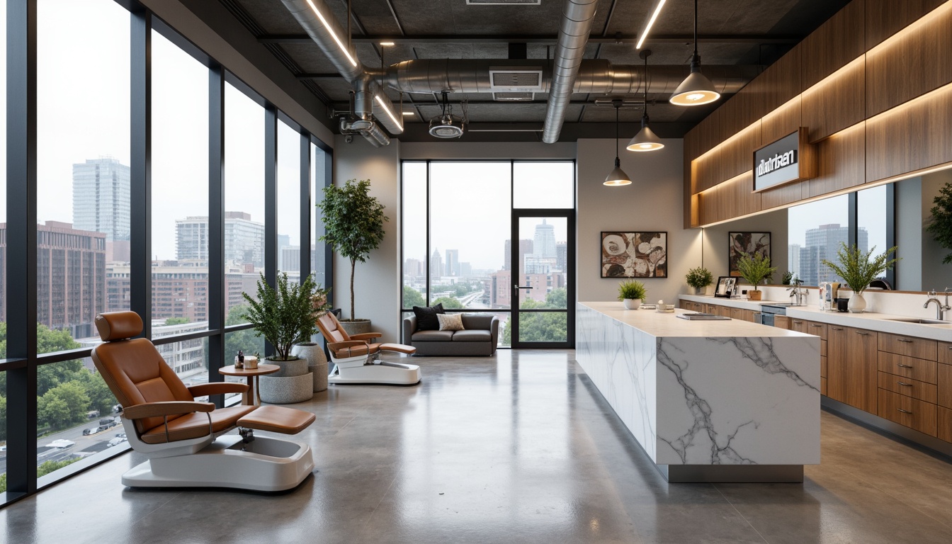 Prompt: Minimalist dental clinic, industrial chic aesthetic, polished concrete floors, white Carrara marble countertops, stainless steel equipment, sleek glass partitions, modern LED lighting, natural wood accents, ergonomic furniture, bold color blocking, geometric patterns, abstract artwork, urban cityscape views, overcast day, soft diffused lighting, shallow depth of field, 2/3 composition, realistic textures, ambient occlusion.