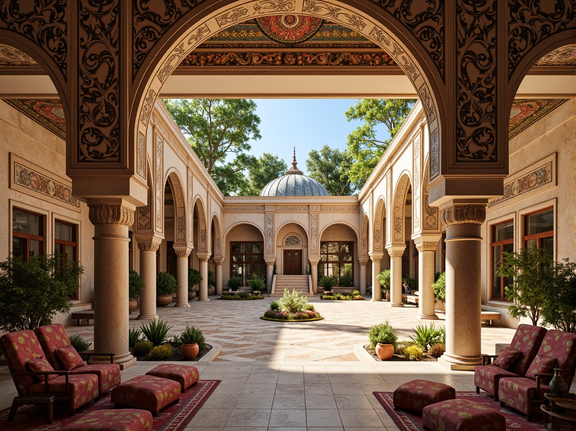 Prompt: Vibrant Islamic-inspired architecture, intricate geometric motifs, ornate tile work, symmetrical archways, grand domes, minarets, colorful mosaics, luxurious textiles, opulent furnishings, lavish decorations, majestic columns, ornamental fountains, serene courtyards, natural stone flooring, warm golden lighting, shallow depth of field, 3/4 composition, panoramic view, realistic textures, ambient occlusion.