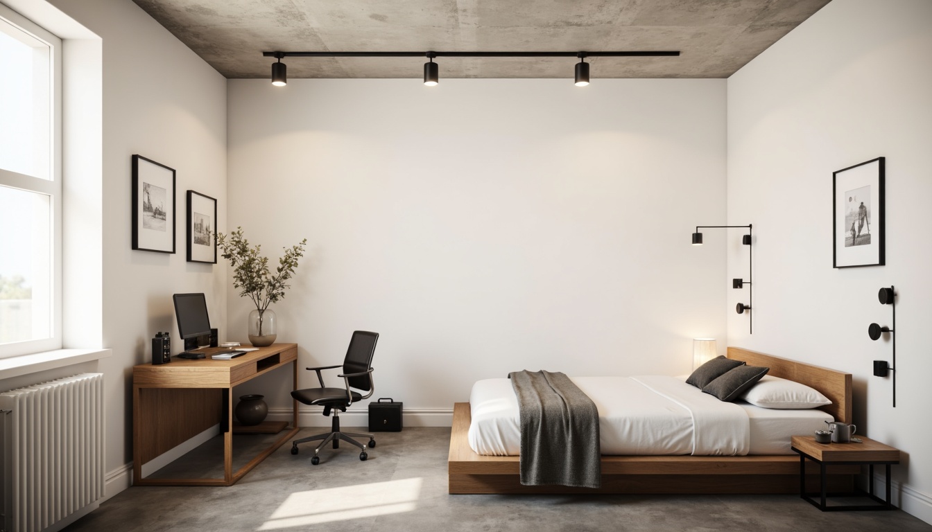 Prompt: Simple dorm room, minimal decor, monochromatic color scheme, sleek wooden furniture, low-profile bed frame, compact desk, ergonomic chair, geometric-shaped nightstand, industrial-style lighting fixtures, concrete floor, plain white walls, subtle textures, soft warm glow, shallow depth of field, 1/1 composition, realistic rendering, ambient occlusion.