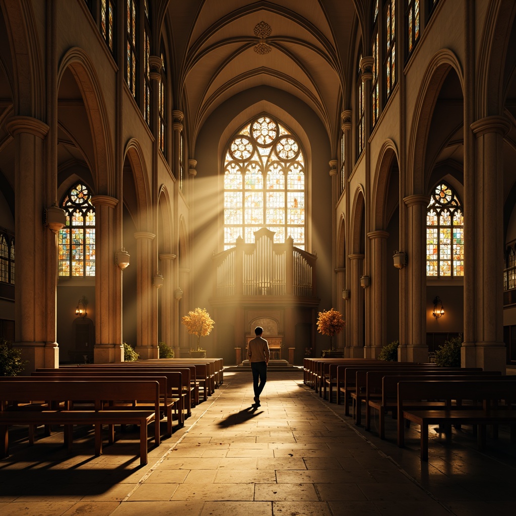 Prompt: Ethereal cathedral interior, stained glass windows, warm golden lighting, soft diffused illumination, dramatic beam of light, vaulted ceilings, ornate chandeliers, intricate stone carvings, majestic pipe organs, serene ambiance, peaceful atmosphere, subtle color temperature, gentle shadows, 1/1 composition, high contrast ratio, realistic reflections, ambient occlusion.