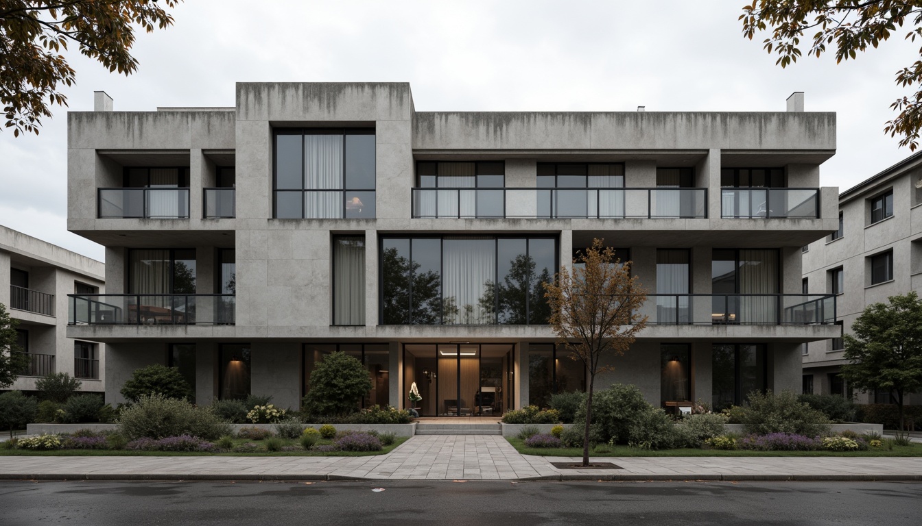 Prompt: Brutalist student hall, rugged concrete facade, bold geometric forms, cantilevered balconies, raw unfinished textures, industrial-style windows, minimalist ornamentation, functional simplicity, urban campus setting, overcast sky, dramatic shadows, high-contrast lighting, 1/1 composition, symmetrical framing, realistic materials, ambient occlusion.