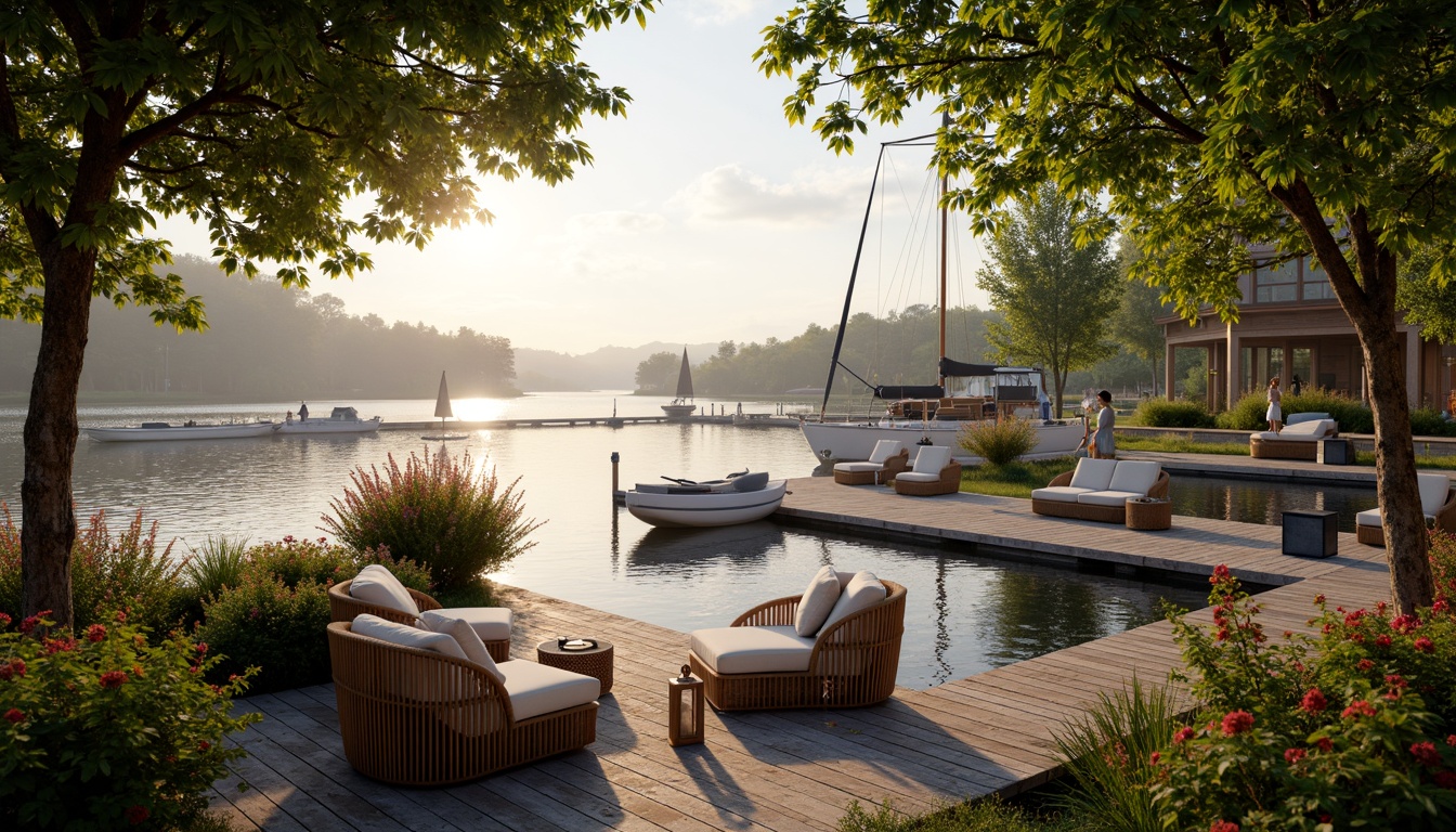 Prompt: Serene waterfront, rustic wooden dock, lush greenery, vibrant flowers, tranquil lake views, sailboats, kayaks, paddleboards, nautical ropes, weathered wood accents, natural stone pathways, lantern-style lighting, warm sunset glow, shallow depth of field, 3/4 composition, panoramic view, realistic textures, ambient occlusion, cozy outdoor seating areas, woven wicker furniture, plush cushions, soft warm lighting, misty morning atmosphere.