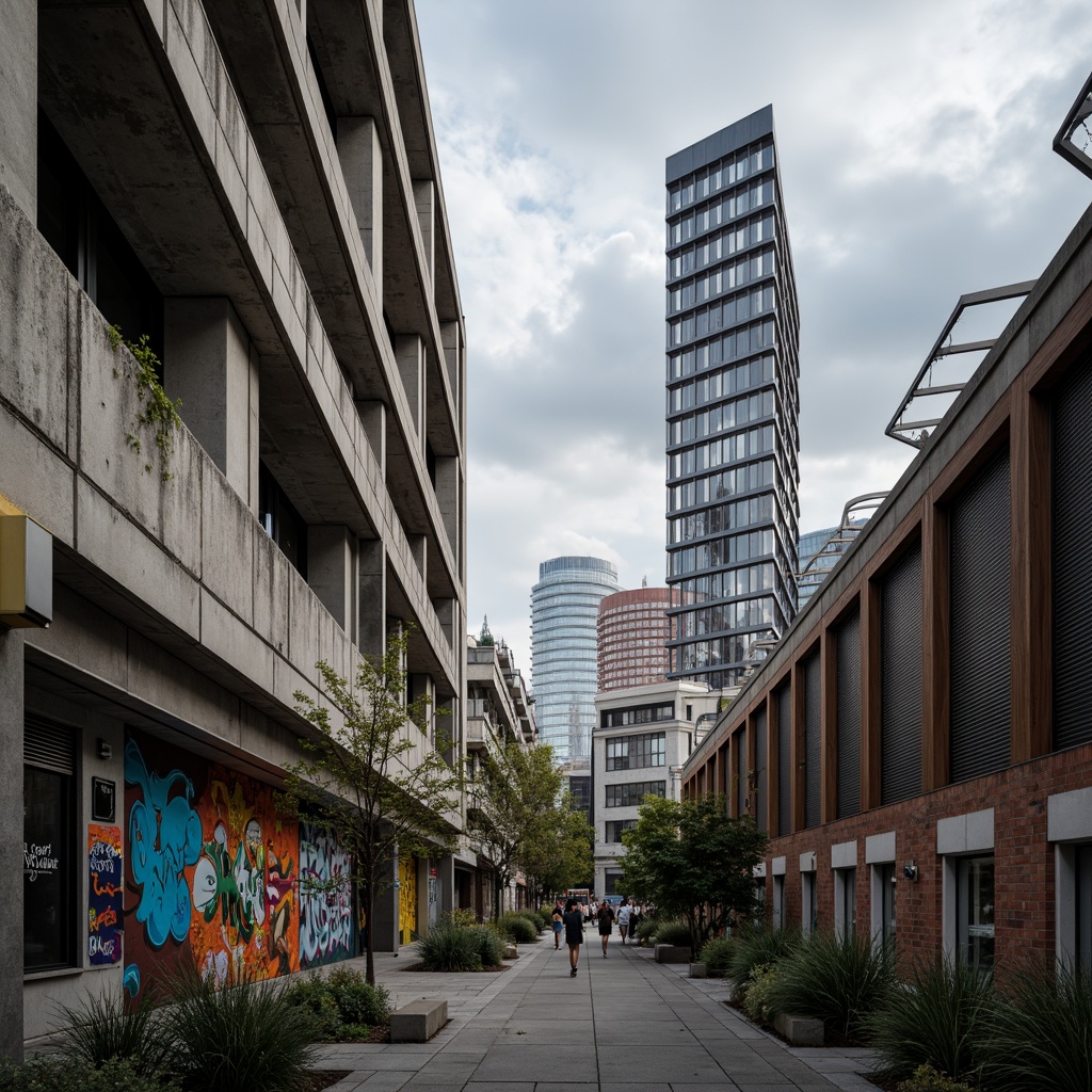 Prompt: Industrial urban landscape, brutalist architecture, exposed concrete walls, steel beams, minimalist decor, monochromatic color scheme, bold accent colors, vibrant street art, graffiti murals, urban textures, distressed finishes, reclaimed wood accents, industrial lighting fixtures, metal railings, cityscape views, cloudy skies, dramatic shadows, high contrast ratio, 1/2 composition, cinematic mood, gritty realism.