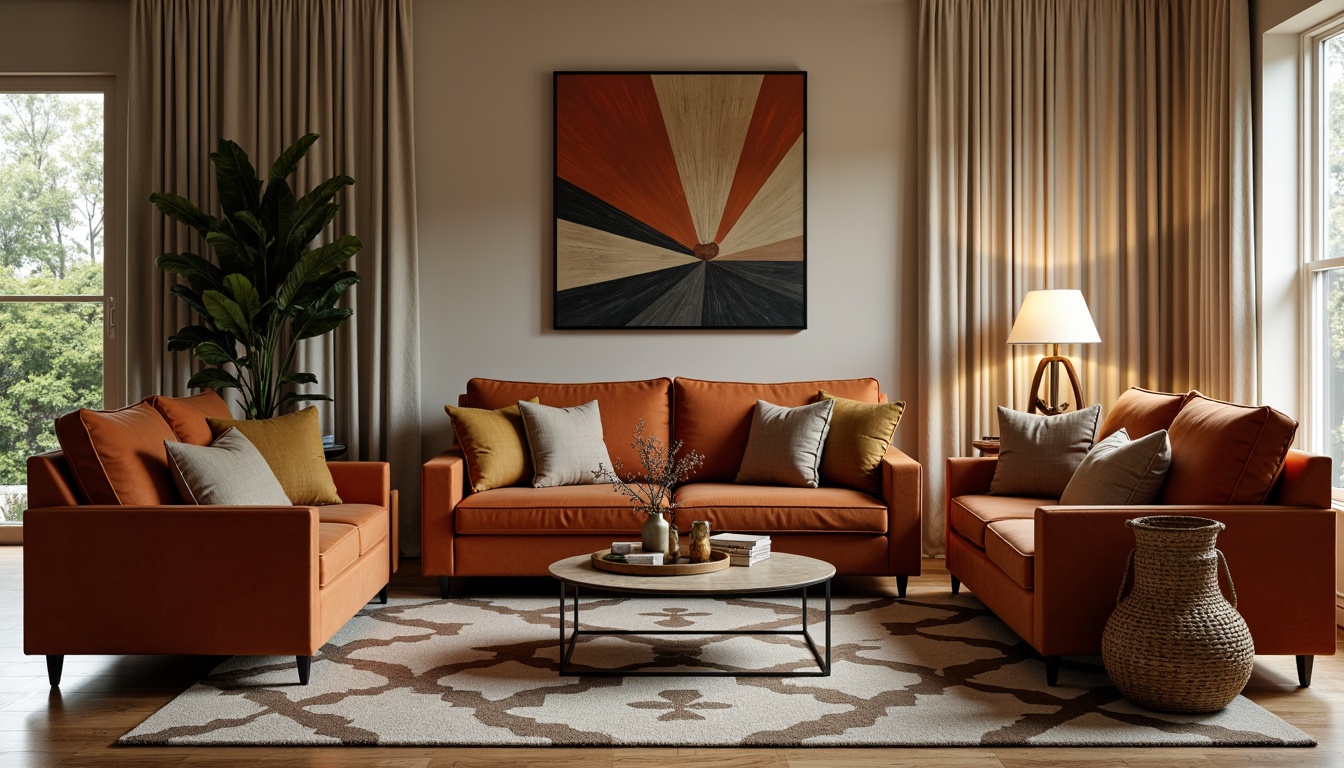 Prompt: Mid-century modern living room, plush velvet sofas, geometric patterned rugs, minimalist coffee tables, industrial metal lamps, abstract artwork, natural fiber textiles, woven baskets, organic shapes, earthy color palette, warm ambient lighting, shallow depth of field, 1/1 composition, soft focus, realistic fabrics, subtle texture details.