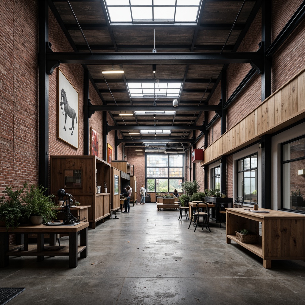 Prompt: Industrial factory setting, exposed brick walls, metal beams, concrete floors, minimalist decor, functional machinery, textured surfaces, distressed wood accents, industrial lighting fixtures, urban atmosphere, cloudy day, soft diffused lighting, shallow depth of field, 1/1 composition, realistic materials, ambient occlusion.