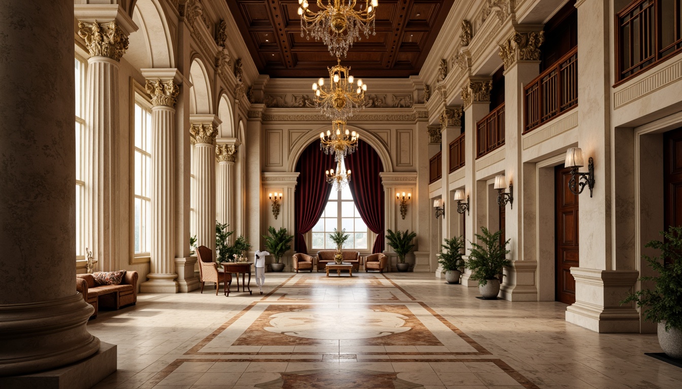 Prompt: Grandiose columns, ornate carvings, marble floors, limestone walls, wooden paneling, gilded details, crystal chandeliers, velvet drapes, intricate moldings, symmetrical facades, rusticated bases, Tuscan orders, Corinthian capitals, ornamental pediments, subtle arches, soft warm lighting, shallow depth of field, 1/1 composition, realistic textures, ambient occlusion.