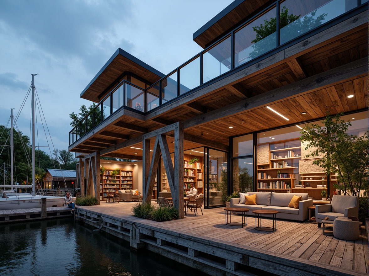 Prompt: Waterfront boathouse, rustic wooden dock, nautical ropes, sailboat masts, weathered wood accents, corrugated metal roofing, glass-enclosed observation deck, cantilevered upper floor, angular steel beams, industrial-style lighting fixtures, reclaimed wood interior, cozy reading nooks, plush furnishings, warm ambient lighting, shallow depth of field, 1/1 composition, realistic textures, soft focus effect.