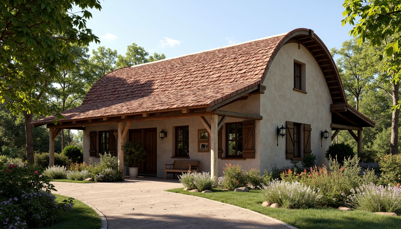 Prompt: Rustic barn, renaissance revival style, curved rooflines, terra cotta tiles, weathered wooden beams, ornate metalwork, vintage farm tools, lush greenery, blooming wildflowers, sunny afternoon, warm soft lighting, shallow depth of field, 1/1 composition, realistic textures, ambient occlusion, natural stone walls, earthy color palette, distressed wood accents, decorative trusses, grand entranceways, symmetrical facade, classic European influences.