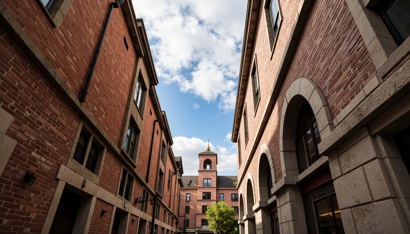 Prompt: Rustic brick buildings, textured stone walls, ornate masonry details, earthy color palette, natural stone cladding, weathered mortar joints, intricate archways, grand entranceways, ornamental columns, classical architecture, historic landmarks, urban cityscape, cloudy blue sky, soft warm lighting, shallow depth of field, 3/4 composition, realistic textures, ambient occlusion.