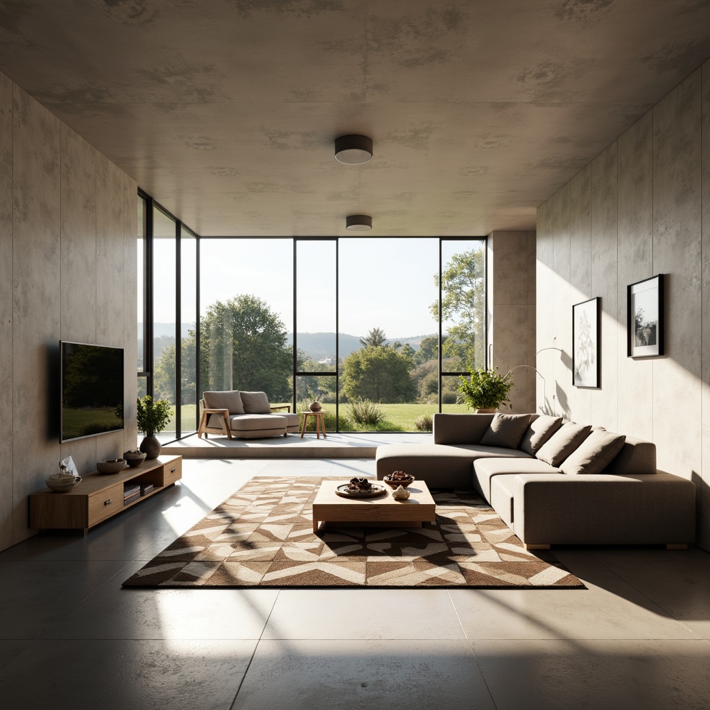 Prompt: Modern minimalist living room, sleek low-profile furniture, neutral color palette, polished concrete floors, floor-to-ceiling windows, natural light pouring in, functional storage units, multi-functional coffee table, comfortable sectional sofa, geometric patterned rug, ambient warm lighting, 1/1 composition, shallow depth of field, realistic textures.