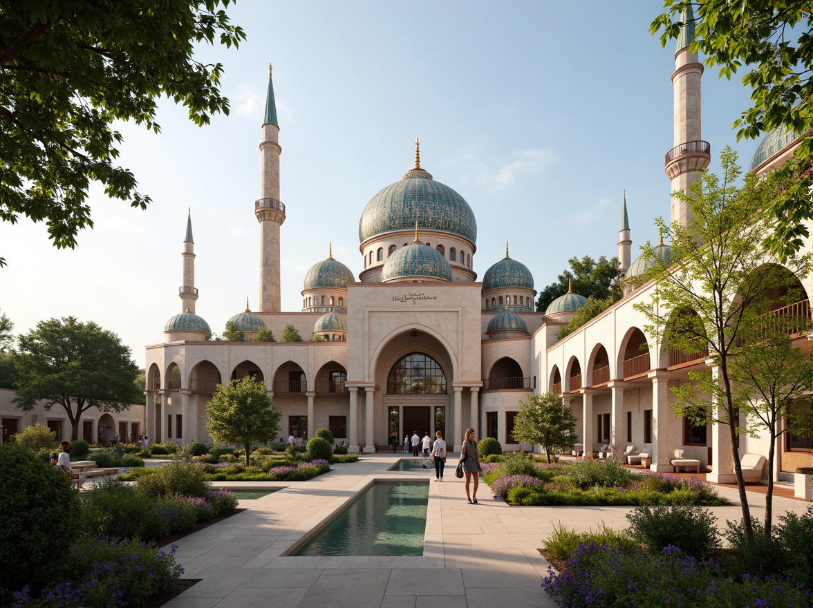 Prompt: Elegant mosque, intricately patterned domes, minarets, Islamic calligraphy, natural stone fa\u00e7ades, lush green courtyards, water features, serene ambiance, soft warm lighting, shallow depth of field, 3/4 composition, panoramic view, realistic textures, ambient occlusion, eco-friendly materials, renewable energy systems, solar panels, wind turbines, rainwater harvesting, green roofs, innovative cooling technologies, shaded outdoor spaces, misting systems, Arabic-inspired geometric motifs, vibrant colorful textiles.