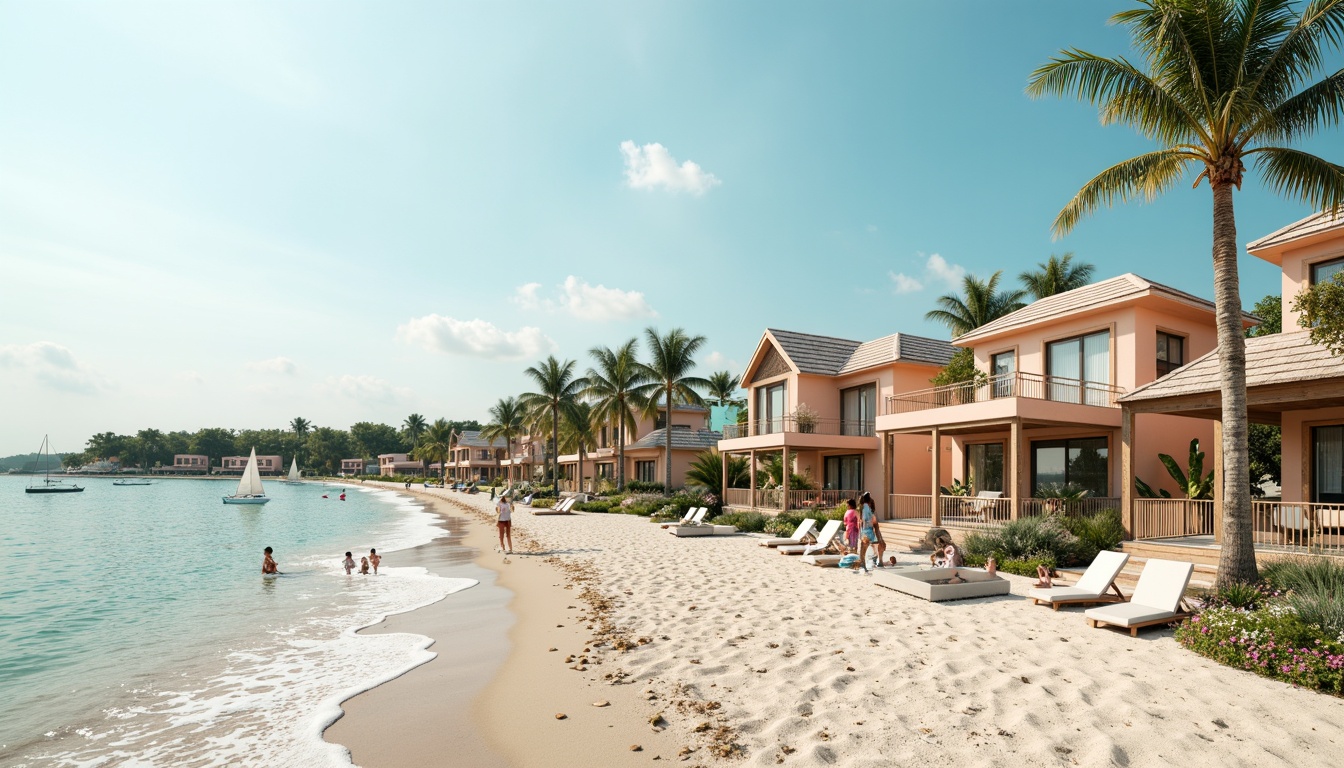 Prompt: Sandy beachside, oceanfront villas, pastel-colored facades, driftwood accents, sea-salt weathered roofs, nautical-themed decorations, calming turquoise hues, soft peach tones, creamy whites, warm beige textures, natural stone foundations, rustic wooden decks, sailboat-inspired railings, seaside promenades, gentle ocean breezes, warm sunny days, shallow depth of field, 1/1 composition, realistic renderings, ambient occlusion.