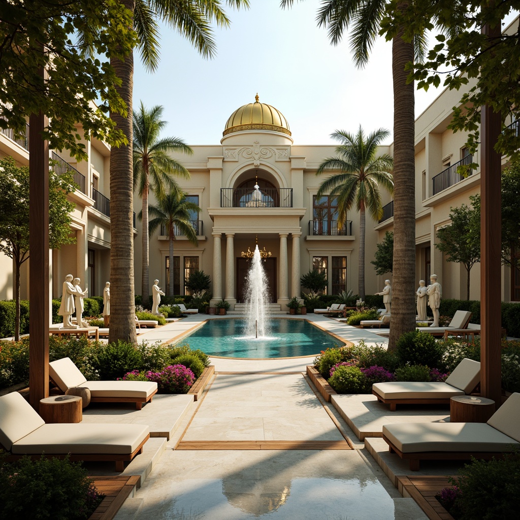 Prompt: Grandiose poolside, ornate fountains, majestic statues, symmetrical gardens, lush greenery, vibrant flowers, neoclassical architecture, columns, arches, domes, intricate carvings, marble floors, crystal chandeliers, luxurious lounge chairs, elegant water features, serene ambiance, warm golden lighting, shallow depth of field, 1/1 composition, realistic textures, ambient occlusion.